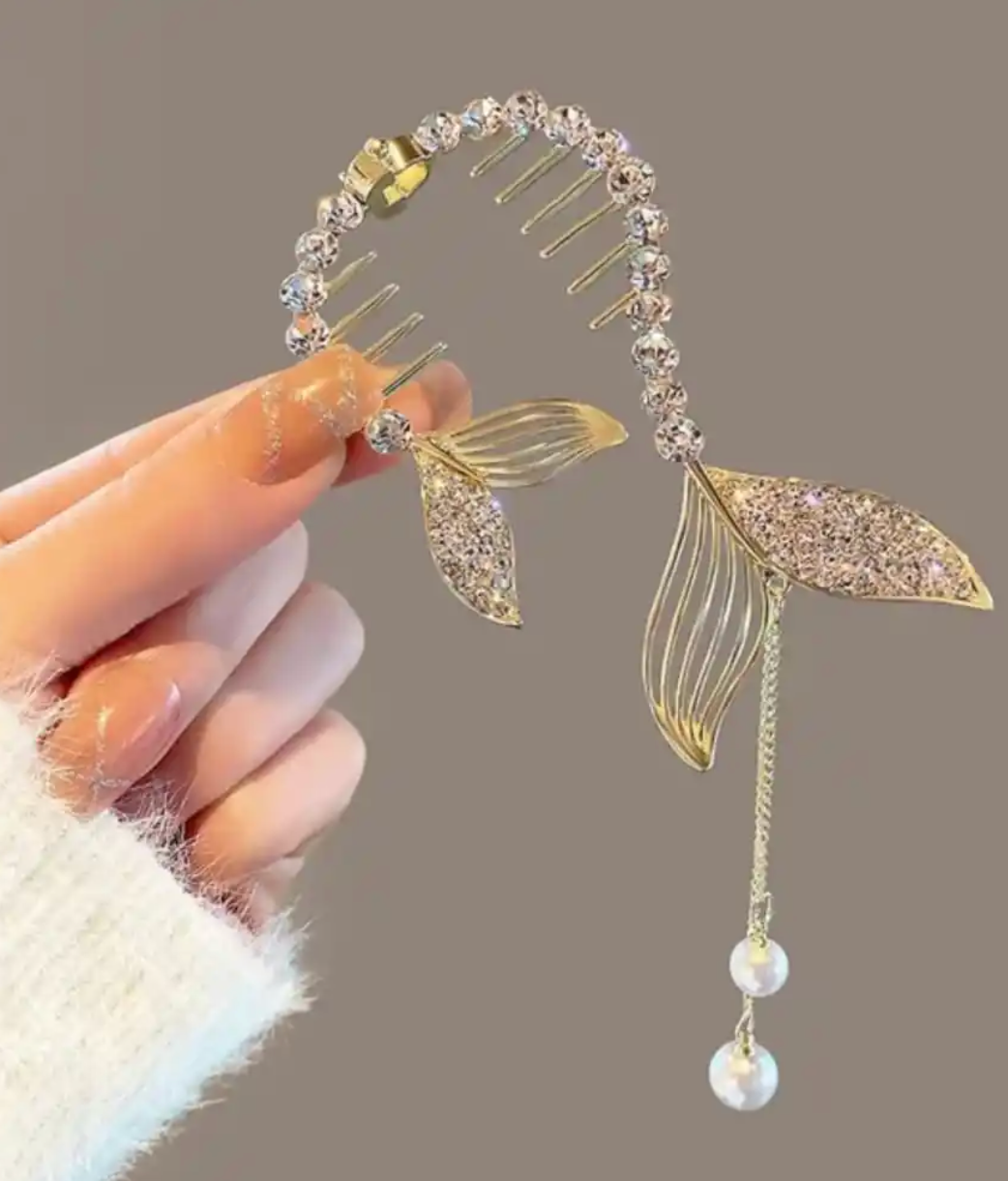 Balık Kuyruğu İnci Detaylı Yay Topuz Tokası