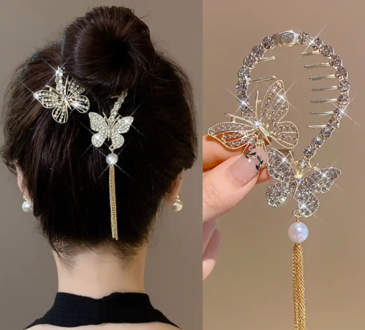 Metal Kelebek Taşlı Detaylı Yay Topuz Tokası