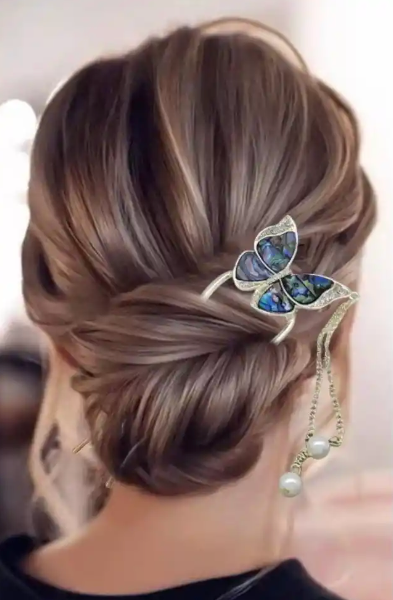 İnci Taşlı Kelebek Çubuk Topuz Tokası