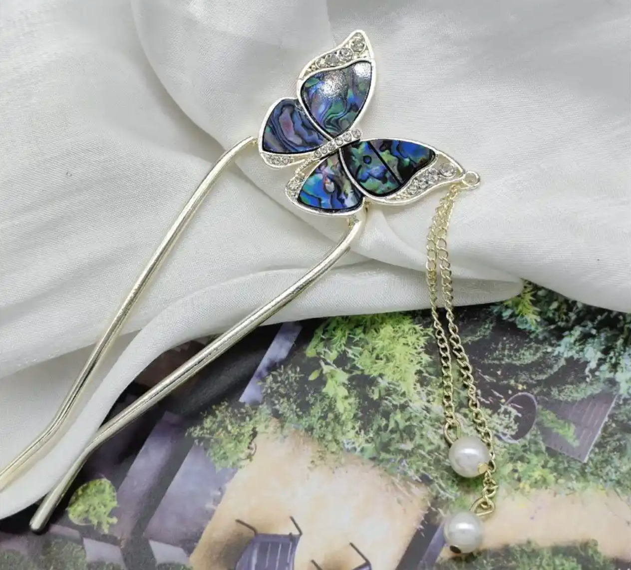 İnci Taşlı Kelebek Çubuk Topuz Tokası