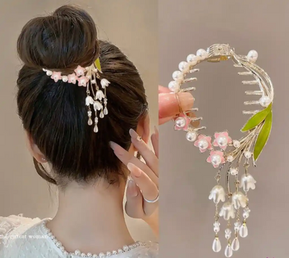 Pembe Çiçekli Sallantılı Yay Topuz Tokası