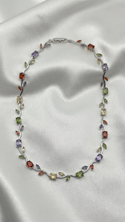 Renkli Taşlı Gümüş Gül Çiçek Set (Bileklik Ve Kolye)