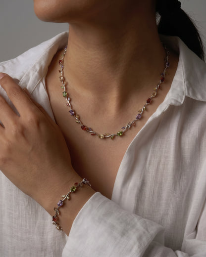Renkli Taşlı Gümüş Gül Çiçek Set (Bileklik Ve Kolye)