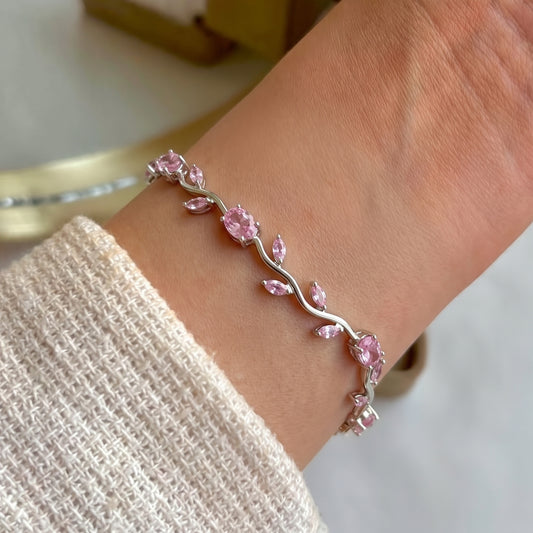 Pembe Taşlı Gümüş Gül Çiçek Bileklik