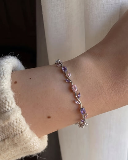 Pembe Mor Taşlı Gümüş Gül Çiçek Bileklik