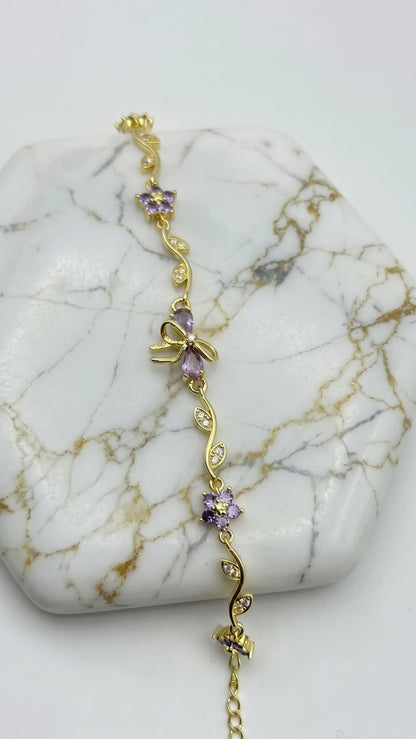 Mor Taşlı Gold Fiyonk Çiçek Bileklik