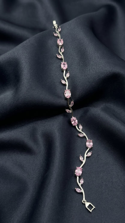 Pembe Taşlı Gümüş Gül Çiçek Bileklik
